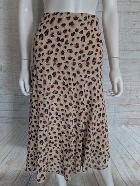Theory Silk  Beige and Brown Leopard Print Midi Skirt